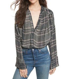 Free People Fearless Love Long Sleeve Tunic Top Oversized S Black, Gold, Sequin